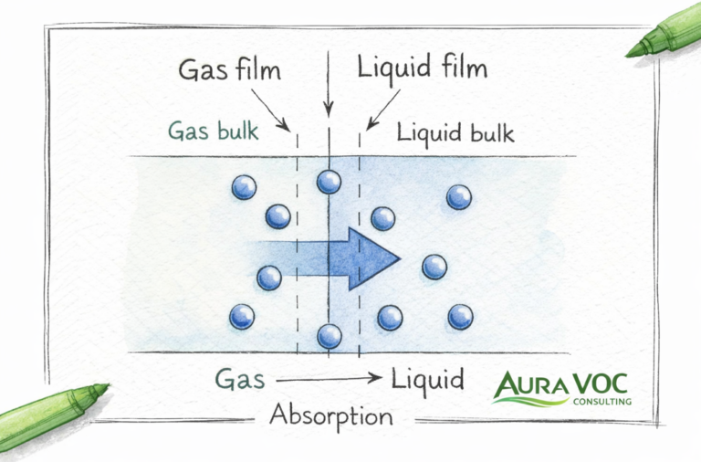 Wet scrubbing process for VOC control by gas-liquid contact and absorption in a washing tower