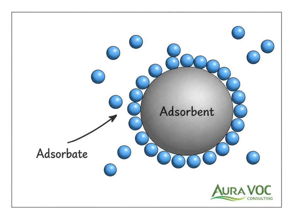 Adsorption VOC abatement mechanism showing VOC molecules retained on an adsorbent surface