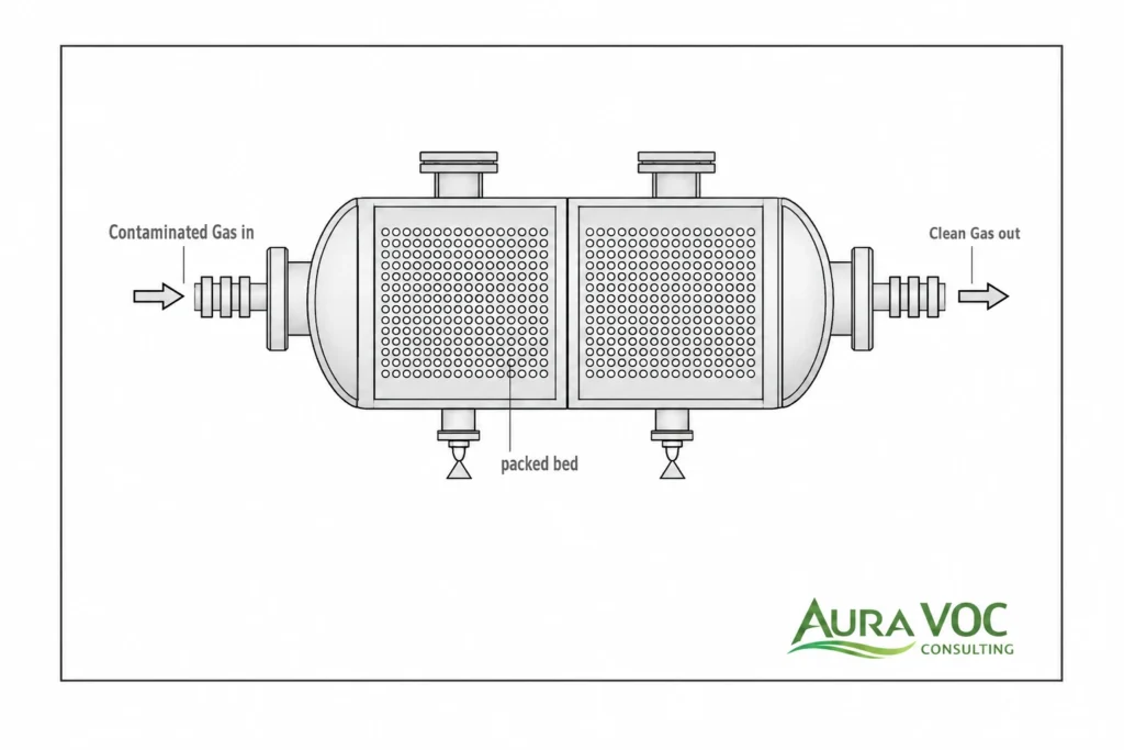 Packed bed carbon adsorber scheme for industrial VOC abatement with gas flow through activated carbon media