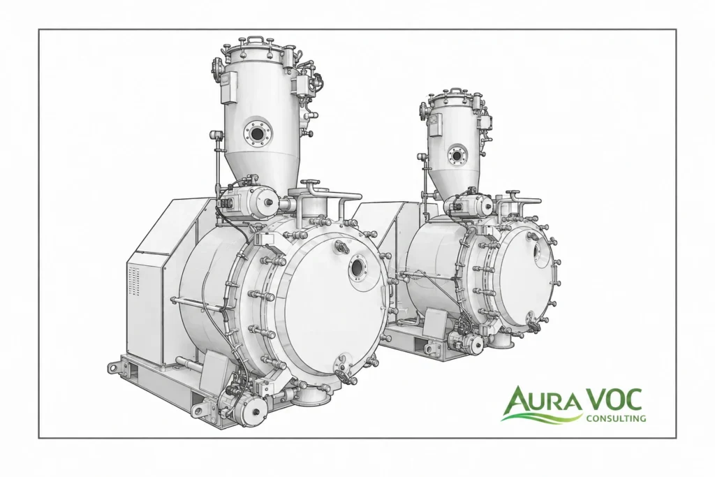 Pharmaceutical dryer used in an industrial application where solvent-laden exhaust may require VOC recovery or abatement