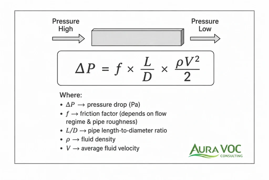 Piping calculation formula used for VOC exhaust system pressure drop review