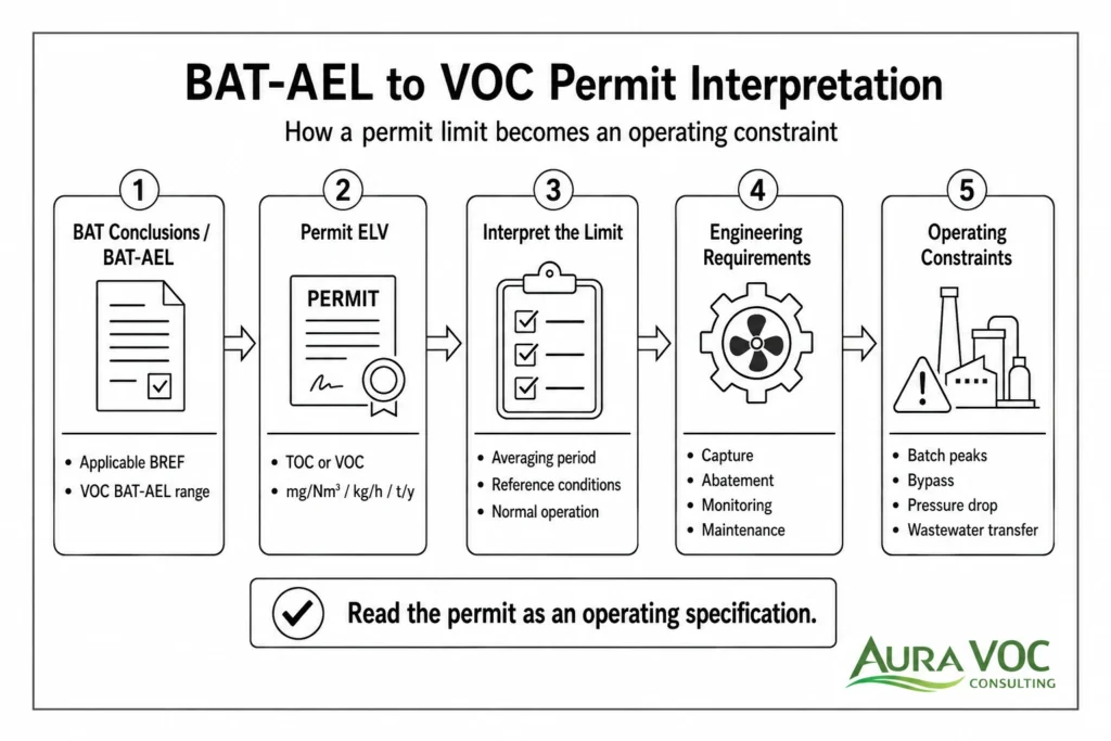 BAT-AEL VOC permit technical sketch for industrial permit interpretation