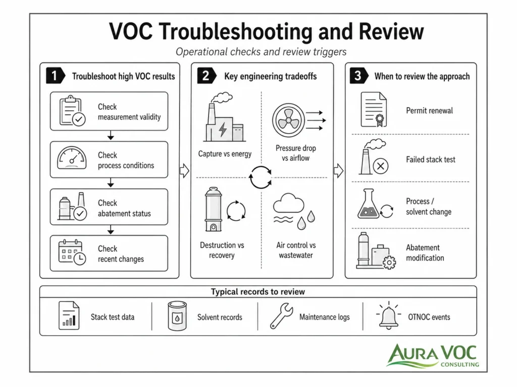 Technical sketch of VOC troubleshooting and monitoring review triggers