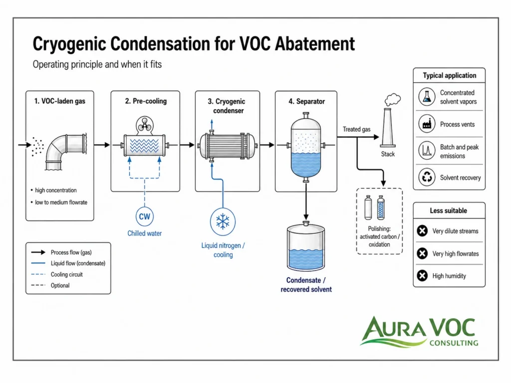 Process scheme for cryogenic condensation in industrial VOC treatment
