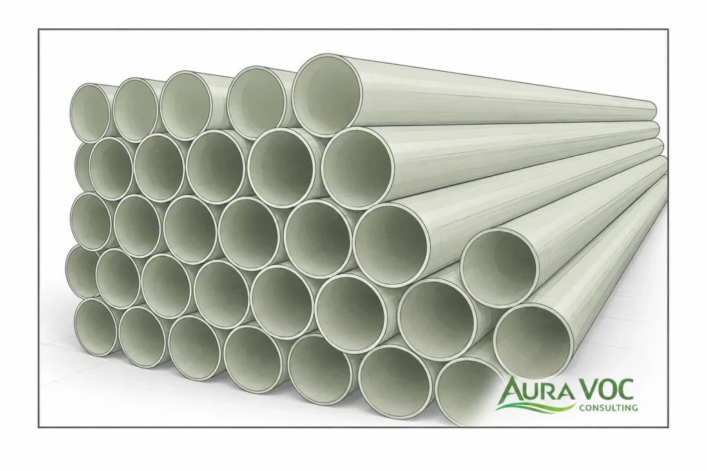 Fiberglass pipe production process where styrene emission sources should be mapped before VOC abatement sizing