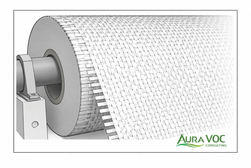 Fiberglass pipe production process where styrene emission sources should be mapped before VOC abatement sizing