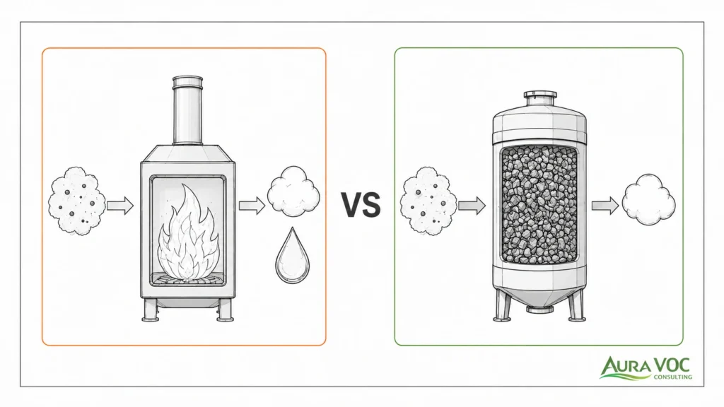 Cartoon scheme comparing thermal oxidation and carbon adsorption for industrial VOC control